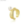 Bandringar 6st Tren Round Pearl Classic Rings for Women Colorful Zircon Brass Gold Color Crystal Ring Femme Wedding Party Jewelry Gift L240305