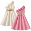 Robes de fille Mode Robe d'été Une épaule Filles Vêtements Adolescent Plage formelle avec ceinture Enfant Enfants Vêtements Plus Taille Adolescents