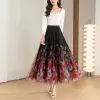 Skirts TingYiLi Women's Printed Long Maxi Tulle Skirt Spring Summer Korean Style Elegant Ladies Black Mesh Skirt Big Swing Aline Skirt