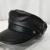 Autumn And Winter Ladies Flat Top PU Leather Caps Black Hat Fashion Men's Hats Warm Thick Cap Bone Navy Wide Brim267E