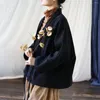 Trench da donna Johnature Donna Nero Caldo Parka con scollo a V Manica a pipistrello Velluto a coste Vintage 2024 Fasciatura invernale Stile cinese