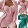 Suits 2 Pcs/Set Women Pajamas Set Solid Color V Neck Low Cut Sleeveless Dress Thermal Cozy Slim Fit Long Sleeve Drawstring Lady Nighti