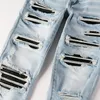 amirj jeans Jeans de créateur de qualité haut de gamme High Street Hole Patch Pantalon extensible avec panneau de broderie pour hommes, jeans amirs déchirés violets