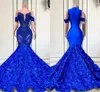 Cascading Rose Flowers Royal Blue Prom Dresses Sexy Mermaid Halter Neck Beads Sequins Appliques Long Evening Gowns Formal Occasion Vestidos BC18313