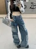 Dżinsy damskie japońskie streetwear moda niebieskie ładunki szerokie spodnie Hiphop proste swobodne spodnie wiele kieszeni workowate krusze z grunge
