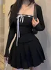 Повседневные платья, винтажное черное платье, женское кокетливое сексуальное короткое женское корейское модное женское платье с квадратным воротником, тонкий бант на шнуровке, Vestidos