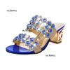 2022 Trend Summer Elegant Fashion Women Casual Thick with Sandals Peep-toe Beach Shoes Rhinestone Chunky Mid Heels Blue Slippers