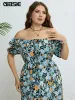 Abiti GIBSIE Plus Size Stampa floreale con nodo sul davanti Abito con maniche a sbuffo Donna Estate 2023 Boho Holiday Elastico in vita Abiti lunghi spaccati dolci