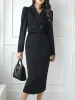 Abito nuova primavera autunno elegante abito da donna nero vintage giacca formale pulsante falso due abiti midi pendolari veste femme mujer vestidos