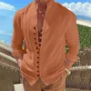 Spring and Autumn 100%Cotton Linen Mens Long-Sleeved Shirts Solid Color Stand-Up Collar Casual Style Plus Size 230226