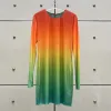 Klänning Summerklänningar för kvinnor 2023 Koreansk mode DoubleLayer Mesh Gradient Womens Mini kjol Elastisk rund hals långärmad topp