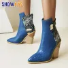 Abiti Marrone Blu Stivaletti da cowboy Donna Western Tacchi alti con zeppa Abito leggero Donna Inverno PU Pelle Punta a punta Cerniera Botas corto