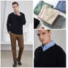 Jerseys cálidos de mezcla de algodón y cachemira para hombre, suéter con cuello en V, partes superiores nuevas de invierno, jerséis de punto de lana para hombre