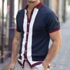 남자 T 셔츠 대형 싱글 가슴 패치 워크 색상 대비 니트 캐주얼 폴로 셔츠