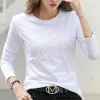 T-shirts 2023 Ribbed Sping Fashion Bamboo Cotton Tshirt Autumn Women Oneck Loose Simple Purple Tshirt Långärmad damer Grön mysig topp