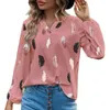 Blusas de mujer, camiseta con estampado de plumas, ropa de calle holgada con cuello en V para mujer en las estaciones de primavera y otoño