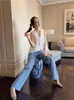 Chic diamant Design bleu en détresse relaxation de taille haute pantalon à jambes larges femmes printemps automne évider dames jean 240305