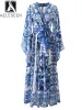 Dress AELESEEN Designer Fashion Summer Dress Women Sicilian Blue Flower Print Porcelian Irregular Flare Sleeve Eleagnt Maxi Party