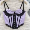 Camis Femmes Sexy Satin Camis Irrégularité Épissage Dentelle Crop Top Simple Boutonnage Violet Débardeurs Élégance Sans Manches Dos Nu Tunique