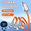 Cable de carga rápida 3 en 1 de 120W Rotación de 180° 6A Cable micro USB tipo C de carga súper rápida Silicona líquida para Xiaomi Samsung S24 Huawei LG Oneplus