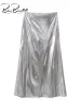 Abiti BlingBlingee Y2K Argento metallizzato lucido Camicetta da donna Maxi gonna adatta Traf 2024 Camicia a maniche lunghe con scollo a V primavera Set top femminile