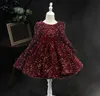 Robe de bal en dentelle à paillettes, manches longues, bijou bordeaux, robes courtes à fleurs pour filles, vêtements de cérémonie personnalisés pour enfants