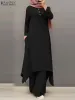 Sets Ramadan Outfit 2piece Set Turkey Dubai Abaya Suit ZANZEA Muslim Blouse Abayas For Women Long Sleeve Shirt Wide Leg Pants Baggy