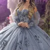 Sparkly Grey Quinceanera Dresses Ball Off the Shoulder Applique Tulle Prom Dress Party Gowns For 16 Sweet Girl Vestidos de 15