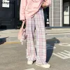 Capris casual byxor kvinnor söt japansk söt härlig kawaii högwaist rosa elastisk rak rutig ins löst vår höst streetwear