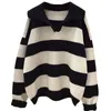 M4xl Vneck Striped Stitching Pullover Sweater Women Korean Fashion Loose Long Sleeve Knitted Casual Clothing 240304