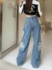 Women's Jeans Japanese Streetwear Fashion Blue Cargo Wide Pants Hiphop Straight Casual Trousers Multiple Pockets Baggy Grunge Clubwear