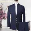 Costumes Thorndike hommes costume Style chinois col montant Blazer mâle mariage marié coupe mince taille standard Blazer ensemble smoking (veste + pantalon)