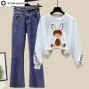 Suits Spring and Autumn Women's Set New Korean Cartoon Top Women's Aging Reduction Jeans Fashion Casual Elegance Women's Two Piece Set