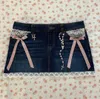 Y2k Denim Skirt Womens Harajuku Gothic Lace Sexy Retro Blue Mini Pleated A Line Girl High Waist Slim Short 240227