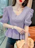 Blouses Femmes VONDA Mode Femmes Rayé 2024 Été Plissé Col V Casual Tops Tunique Oversize Manches Courtes Élégant Chemise De Fête Femme