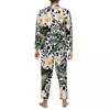 Pijamas masculinos pijamas homens folhas de palma diário preto leopardo floral impressão 2 peças casual pijama conjuntos de manga comprida oversized home terno