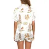 Kvinnors sömnkläder Silk Satin Pyjamas Set Fashion Easter Print Homewear Wid Down Collar 2 Piece Shirt Top and Shorts Pyjama Set