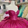 Fuchsia różowy brokat krystalicznie cekinowe sukienki quinceanera suknia balowa z ramion feading tull corset vestidos 15 de xv anos