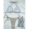 Traje de baño Sexy de 2 piezas para mujer, traje de baño de punto calado, Tanga triangular, Bikini acolchado, traje de baño con cordones y cuello Halter, trajes de baño sin espalda