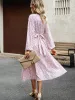 Dress Elegant Floral Print Long Dresses For Women Autumn Casual White Bandage Big Hem Dress Fashion Aline New In Dresses 2023