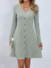 ドレスファッションソリッドリブ付きニットミニドレス女性ボタン長袖ドレス2023秋のレディストリートウェアローブ