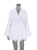 Vêtements de nuit pour femmes Hiloc Ruffle Nightwear Blanc 2 pièces Ensembles de coton à manches longues Pyjamas Ceintures Costumes amples avec short Ensemble féminin 2024