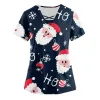 T-shirt Cartoon Printed Scrub Tops Nurse Working Uniform Cross Vneck Christmas Snowman Graphic Short Sleeve Tshirts With Pockets