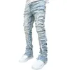 Calças femininas masculinas regular ajuste empilhado jeans remendo angustiado destruído reto denim streetwear roupas casuais jean