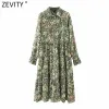 Kleider Zevity Neue Frauen Vintage Floral Blätter Drucken Falten Grün Midi Hemd Kleid Weibliche Chic Flare Hülse Casual Kimono Vestido Ds8185