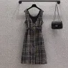 Dress Autumn Winter Woolen Two Piece Dress Women Black Sweater Plaid Sleeveless V Neck SingleBreasted Vest Midi Vestidos With Belt