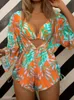 Summer Women Sexy 3 Pieces Suit Floral Print Swimwear Drawstring Beachwear Holiday Bikini SetBodysuit Overall Swimsuit 240220