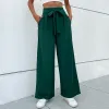 Capris Dark Green Sashesハイウエストワイドレッグパンツオフィスレディシックでエレガントな女性パンツカジュアル春の秋のパンツ女性のズボン