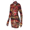 Dress Seasons Fire Flame Print Mini Dress Women Långärmade handskar Turtleneck Bodycon Sexiga festklänningar Streetwear Gothic Harajuku