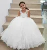 Weiße Blumenmädchenkleider, Tüll, Perlenapplikationen, Festzugskleider für Mädchen, Erstkommunionkleider für Kinder
